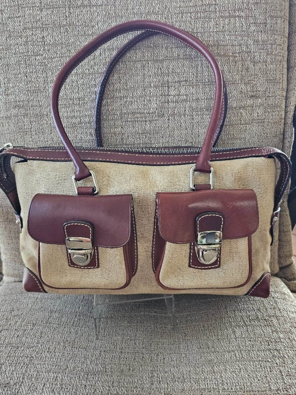Vintage Dooney & Bourke Signature Jacquard Brown Leather Pocket Satchel